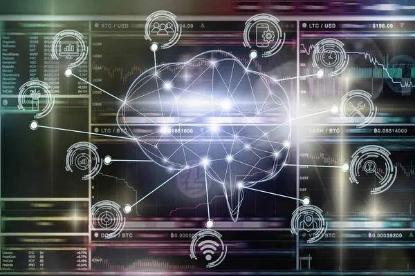 Forma Cerebral Poligonal Una Inteligencia Artificial Con Varios Iconos Ciudad —  Fotos de Stock