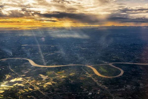 Vue Dessus Campagne Avec Rivière Les Nuages — Photo