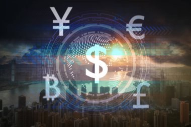 Finans teknolojileri veya havadan görünümü, Hong Kong Cityscape gündoğumu zamanında, iş Fin teknik ağ kavramı ile yenilik teknoloji sanal ekran arka planı üzerinde Fintech