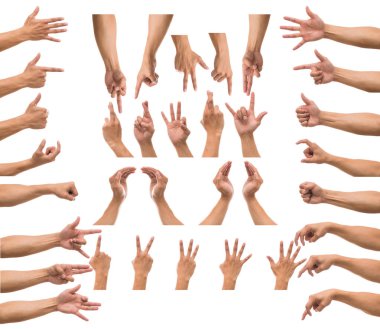 Erkekler el beyaz zemin üzerinde çeşitli jesti dahil kırpma yolu