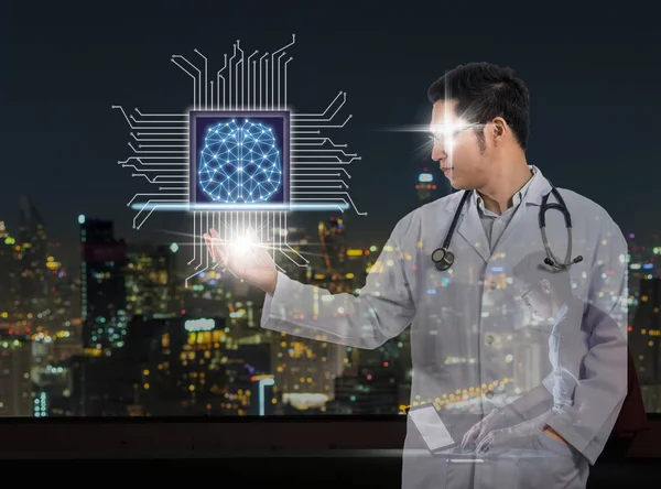 Asian Doctor Stethoscope Equipment Hand Holding Artificial Intelligence Brain Technology — Stock Photo, Image