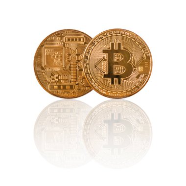 Closeup Bitcoins mockup ön ve arka yüzü beyaz yansıması ile arka plan, cryptocurrency renk ve izole kavramı, kırpma yolu Ekle