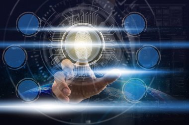 İşadamı parmak izi tarama desteği güvenlik erişimi dünya arka plan, iş teknolojisi sceurity kavramı, öğeleri Nasa tarafından döşenmiş bu görüntünün parçası üzerinde Biyometrik kimlik ile