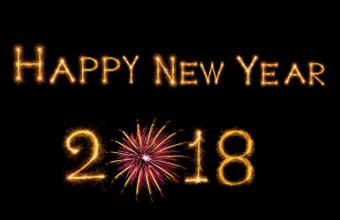 Mutlu yeni yıl 2018 üzerinde havai fişek koyu arka plan, kutlama ve tebrik kartları konsepti ile ışıltı havai fişek ile yazılı