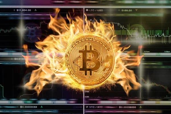 Bitcoin Attrappe Feuer Über Den Kryptowährungshandel Hintergrund Blockchain Technologie Des — Stockfoto