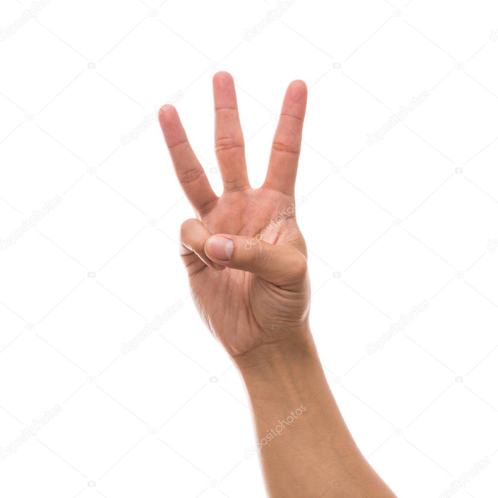 Men hand showing the number three over white background, include clipping path