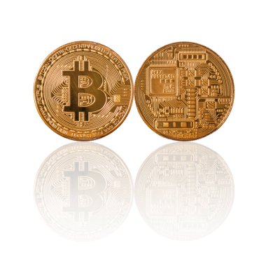 Closeup Bitcoins mockup ön ve arka yüzü beyaz yansıması ile arka plan, cryptocurrency renk ve izole kavramı, kırpma yolu Ekle