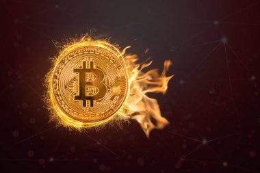 Bitcoin mockup ateşte koyu siyah arka plan, blok zinciri teknoloji Kripto kavramı, iş ve investoment kavramı, yüksek riskli