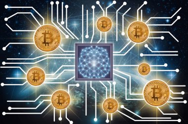 Bitcoins mockup fotoğraf Fintech bağlantı ve yapay zeka beyin teknolojisi üzerinden ağ hattı yıldız ve süt geliyor, Nasa tarafından döşenmiş bu görüntü unsurları ile toprak parçası üzerinde