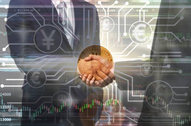 Fintech bağlantı Cryptocurrency ticaret üzerinde fotoğraf ve ekran arka planı ticaret Bitcoin Döviz ortak bitcoins mockup ile tokalaşırken iş çift pozlama