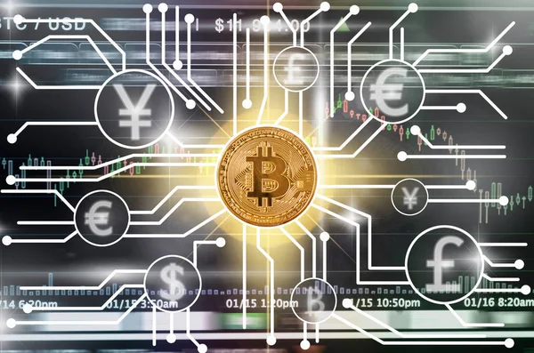 Fintech Kapcsolat Cryptocurrency Kereskedelmi Bitcoin Exchange Képernyő Kereskedelmi Információs Háttér — Stock Fotó