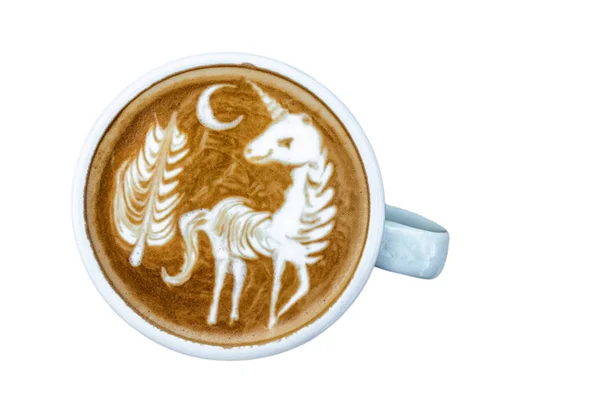 A Cup of coffee with latte art menu which show the unicorn and tree with moon on white background, drink and art concept, object isolate, include clipping path