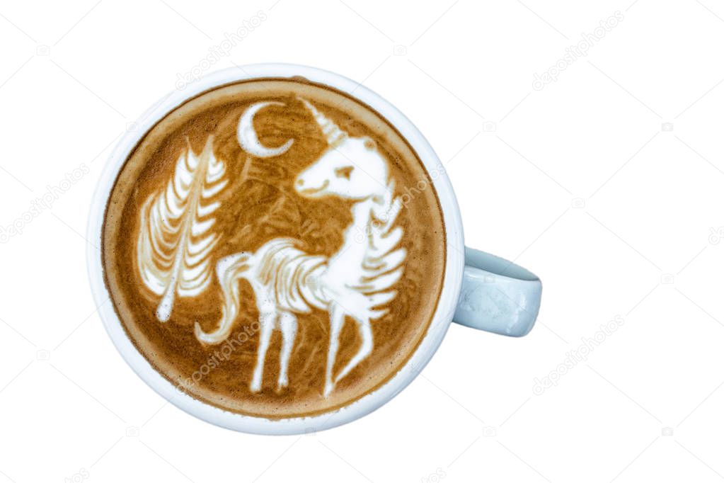 A Cup of coffee with latte art menu which show the unicorn and tree with moon on white background, drink and art concept, object isolate, include clipping path