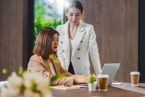 Twee Aziatische Zakenvrouwen Werken Met Het Partnerbedrijf Een Technologische Laptop — Stockfoto