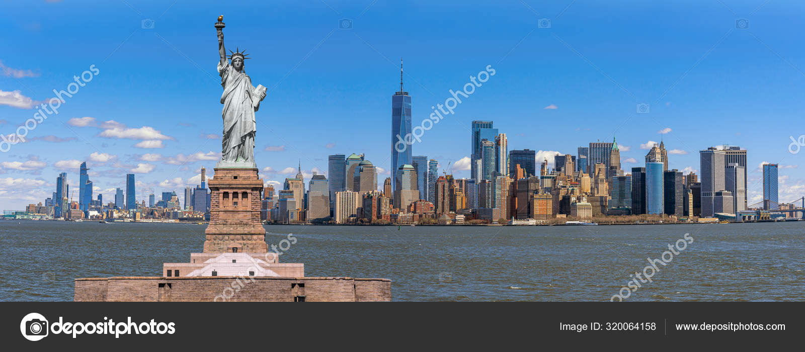 Statue Liberty Panorama Scene New York Cityscape River Side Which