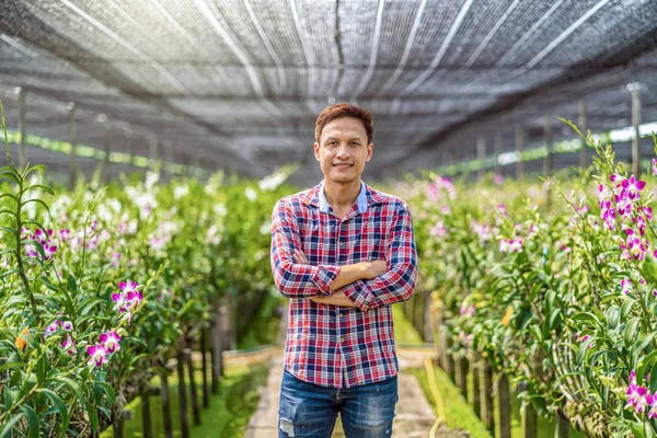 Portrait Asian Small Business Owner Orchid Gardening Farm Purple Orchids — стокове фото