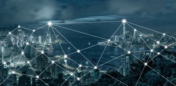 Tecnologia Linha Conexão Entre Arranha Céu Panorama Hong Kong Cityscape — Fotografia de Stock