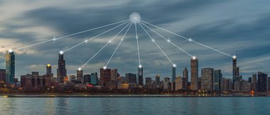 Şikago Şehri Panorama, Mimarlık ve turist, Dijital Veri bilgisayar iletişimi ve nesnelerin konsept konsepti ile inşaat arasındaki bağlantı hattı üzerinden teknoloji katkı merkezi