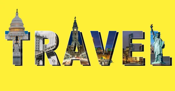 Reisetextmaskierung Mit Usa East Berühmtem Ort Auf Gelbem Hintergrund Kapitol — Stockfoto