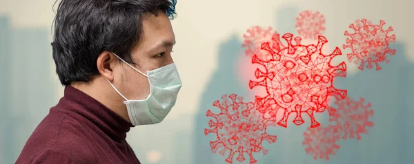 Banner Del Hombre Asiático Que Usa Máscara Facial Contra Contaminación —  Fotos de Stock