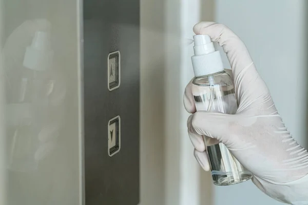 Closeup Asian Woman Hand Wearing Medical Gloves Spraying Bacterial Sanitizer — Stock Photo, Image