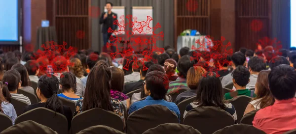 Coronavirus Network Outbreak Rear View Audience Listening Speakers Stage Conference — Stock Photo, Image