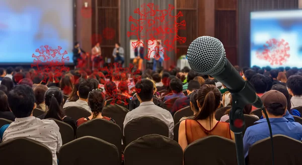 Coronavirus Network Outbreak Rear View Audience Listening Speakers Stage Conference — Stock Photo, Image