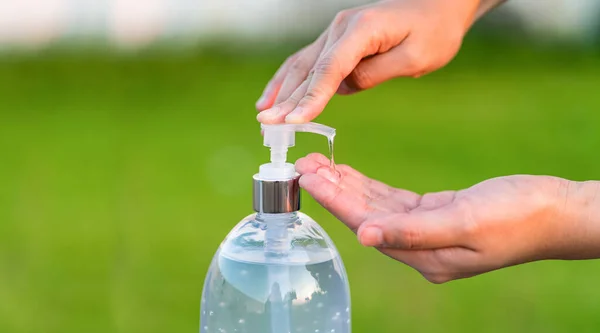 Closeup Asian Woman Hands Using Wash Hand Sanitizer Gel Pump — Stock Photo, Image