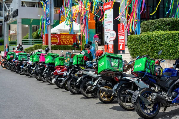 Bangkok Thailand April 2020 Various Food Delivery Boxes Motorcycles Include — Stock Photo, Image