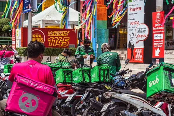 Bangkok Thailand April 2020 Mat Och Foodpanda Cyklister Förbereder Lådorna — Stockfoto