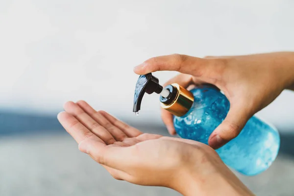 Closeup Asian Woman Hands Using Wash Hand Sanitizer Gel Pump — Stock Photo, Image