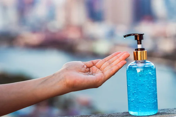 Closeup Asian Woman Hand Using Wash Hand Sanitizer Gel Pump — Stock Photo, Image