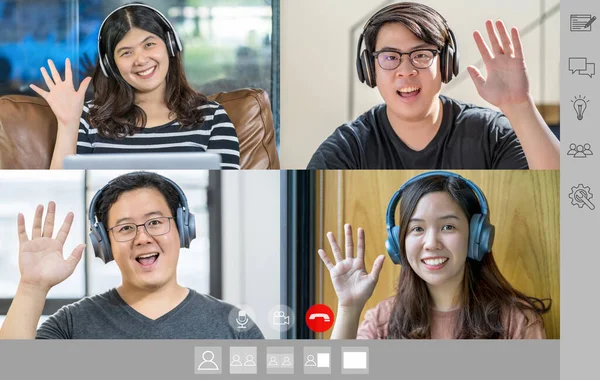 Los Empresarios Asiáticos Saludan Con Compañero Trabajo Equipo Pantalla Videoconferencia — Foto de Stock