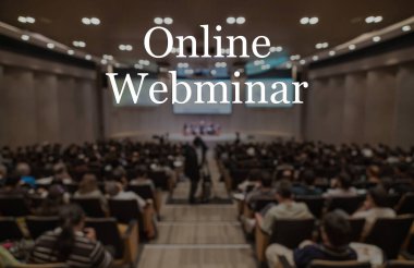 Çevrimiçi Webinar Metni konferans salonunun ya da seminer salonunun arka planı olmadan bulanık fotoğrafı, çevrimdışı yayın ve televizyon yayını yeni normal, covid salgını