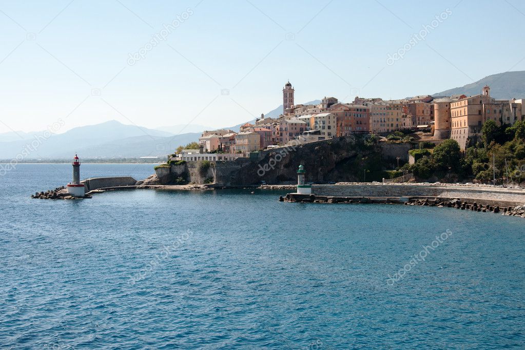 Lighthouses at the harbor in Bastia, Corsica
