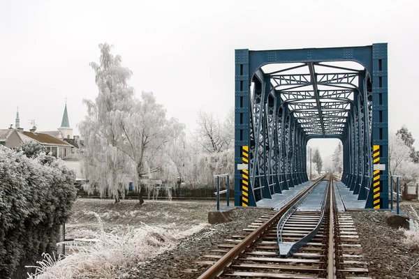 Järnvägsbro i Litovel bland frosten frostat träd i kall vinterdag — Stockfoto