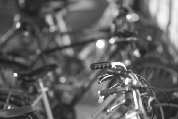 Foto Blanco Negro Bicicletas Atestadas Estacionamiento Frente Edificio Del Municipio —  Fotos de Stock