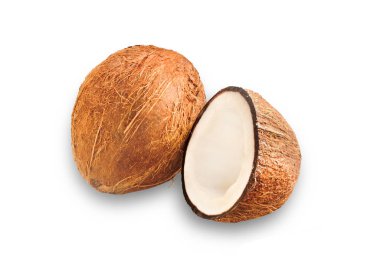  tüm hindistan cevizinin sudio görüntüsü ve gölgeli beyaz arkaplanda yarı izole edilmiş kesim