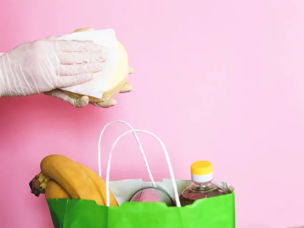 Food Home Delivery Disinfecting Receiving Products Home Hands White Gloves — Stock Photo, Image