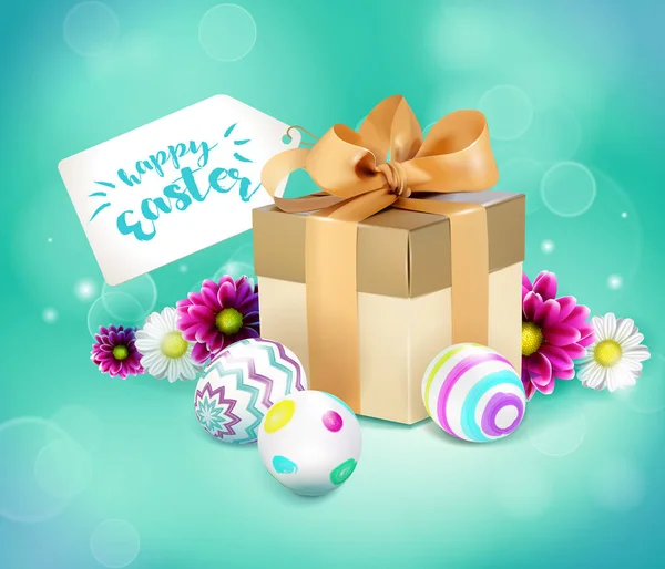 Osterkarte mit Geschenkkarton, Eiern und Blumen — Stockvektor