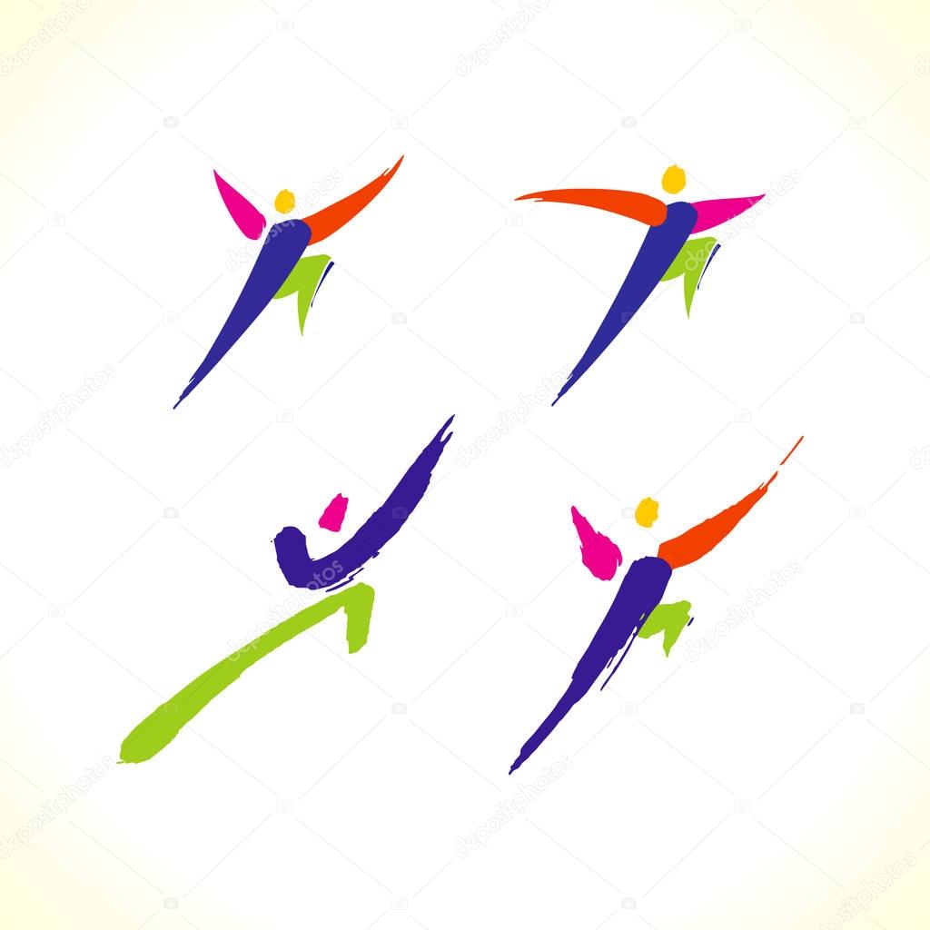 Vector sport colorful stick figures. Ink brush hand drawn silhouette. Sport icons. Leaflet, poster, placard, card design sample. Good for logo and print.