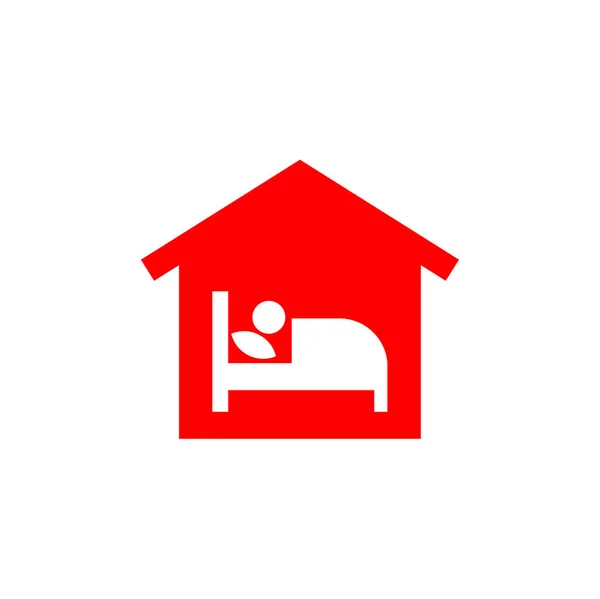 Zostań w domu - zostań w domu z czerwonym domem i chorym mężczyzną w łóżku. Zostańmy w domu ikona kampanii na rzecz zapobiegania koronawirusowi lub Covid-19. — Wektor stockowy