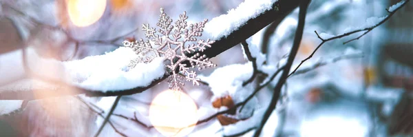 Fiocco di neve di Natale sul ramo nevoso . — Foto Stock