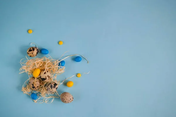 Tło wielkanocne z jajkami i tulipanem — Zdjęcie stockowe