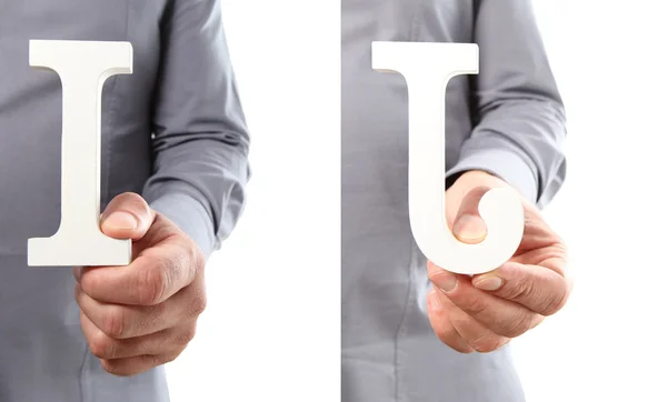 Ręce, trzymając list I i J z alfabetu na białym tle na b biały — Zdjęcie stockowe