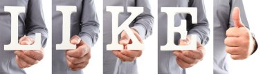 Mektup metin holding eller yukarıya kelime ve parmak gibi