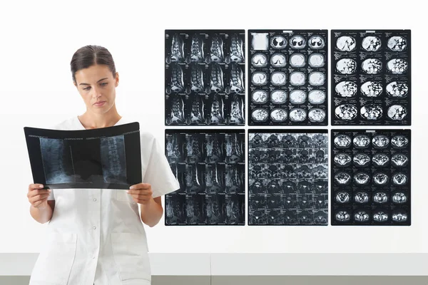 Radiolog kvinna kontrollera xray, hälsovård, medicinska och införa — Stockfoto