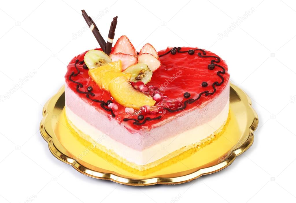 cake heart shaped strawberry ice cream, isolated on white backgr