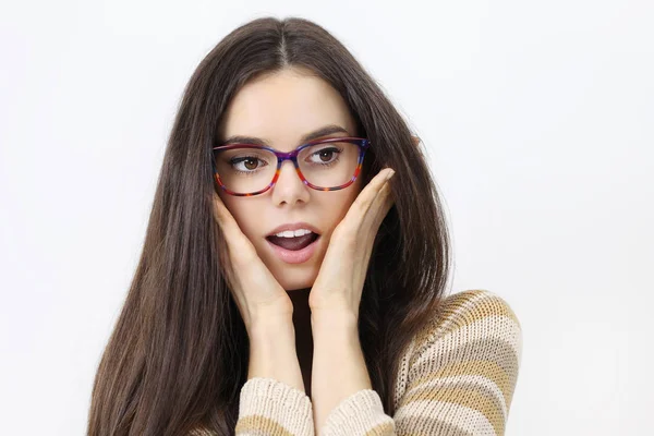 Surprised woman in glasses isolated in white background — Stock Photo, Image