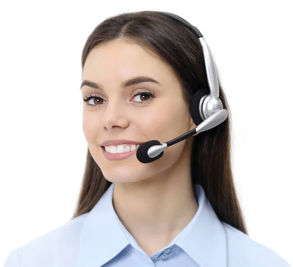 Contact us, customer service operator woman with headset smiling — Stock Photo, Image